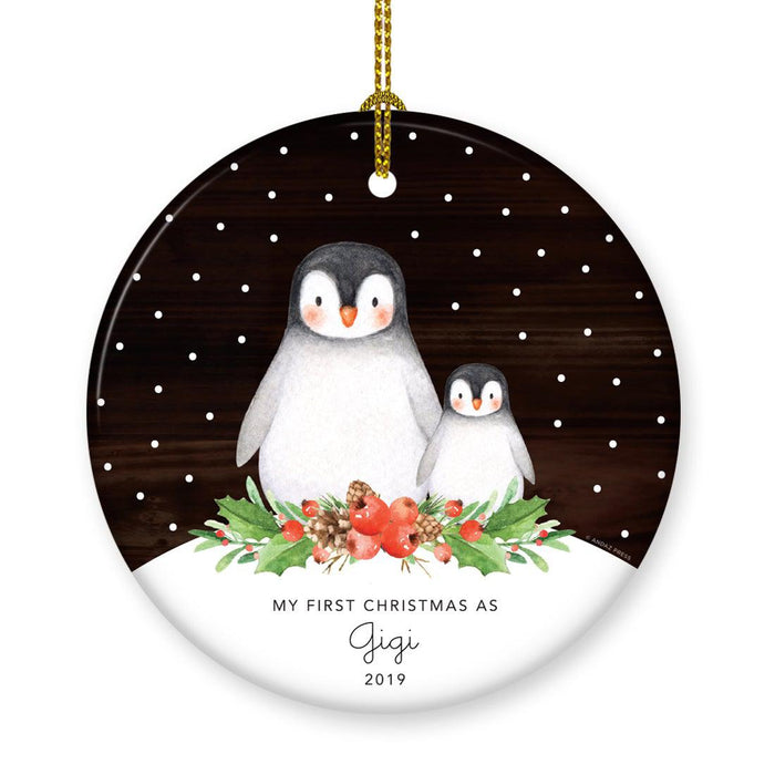 Custom Penguin New Baby Ceramic Christmas Ornament, Watercolor and Rustic Wood Design-Set of 1-Andaz Press-First Christmas As Gigi-