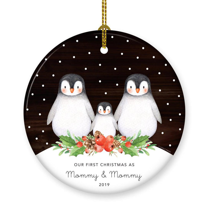 Custom Penguin New Baby Ceramic Christmas Ornament, Watercolor and Rustic Wood Design-Set of 1-Andaz Press-First Christmas As Mommy and Mommy-