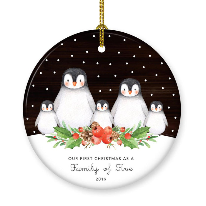 Custom Penguin New Baby Ceramic Christmas Ornament, Watercolor and Rustic Wood Design-Set of 1-Andaz Press-First Christmas as a Family of Five-