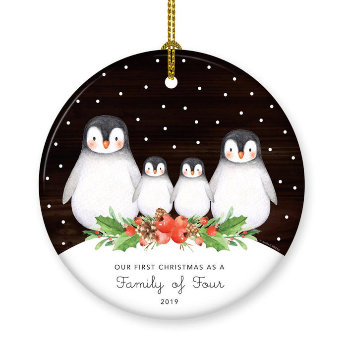 Custom Penguin New Baby Ceramic Christmas Ornament, Watercolor and Rustic Wood Design-Set of 1-Andaz Press-First Christmas as a Family of Four-