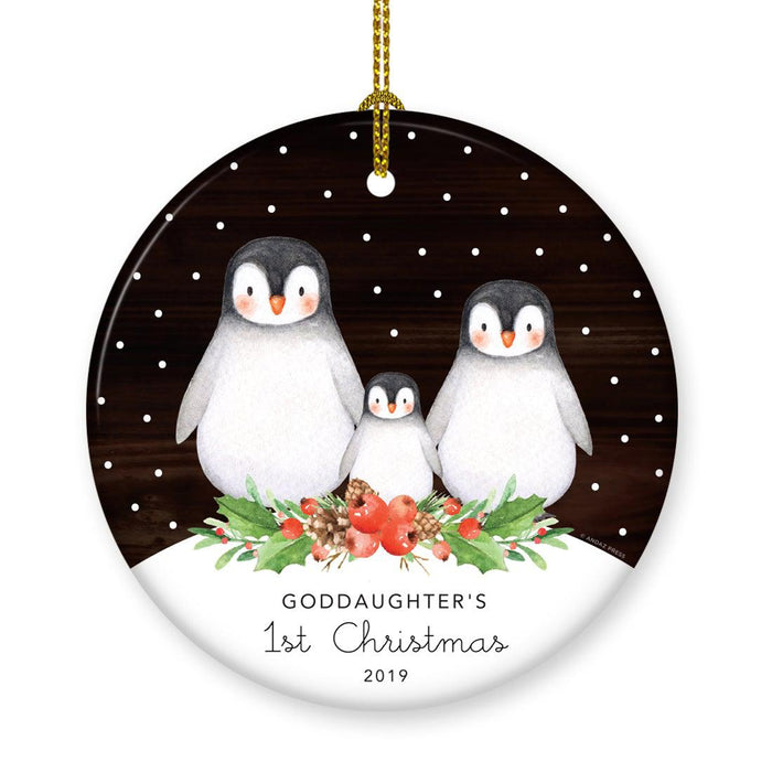 Custom Penguin New Baby Ceramic Christmas Ornament, Watercolor and Rustic Wood Design-Set of 1-Andaz Press-Goddaughter's 1st Christmas-