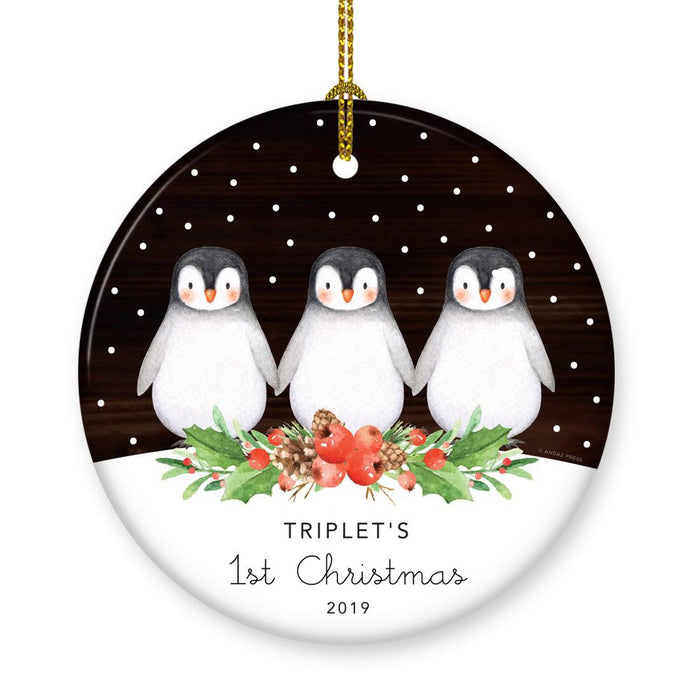 Custom Penguin New Baby Ceramic Christmas Ornament, Watercolor and Rustic Wood Design-Set of 1-Andaz Press-Triplet's 1st Christmas-