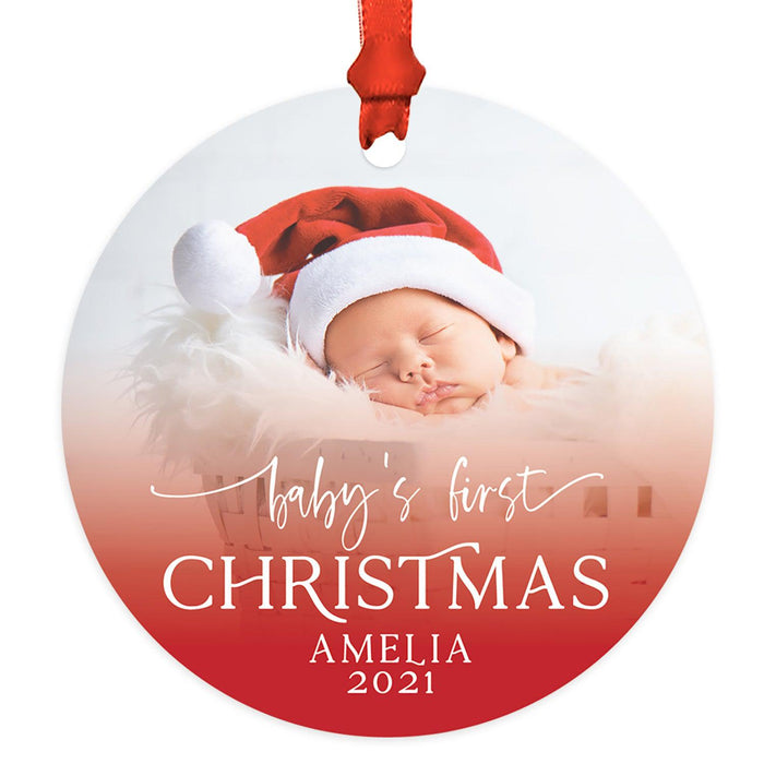Custom Photo Baby's First Christmas Ornament 20XX Round Metal Christmas Tree Ornament, Newborn-Set of 1-Andaz Press-White Snowflakes-