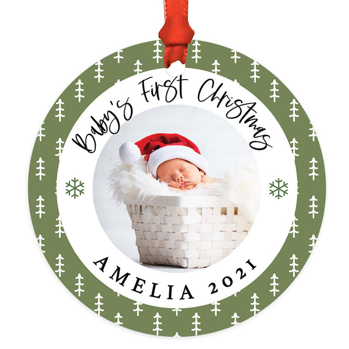 Custom Photo Baby's First Christmas Ornament 20XX Round Metal Christmas Tree Ornament, Newborn-Set of 1-Andaz Press-White Snowflakes-