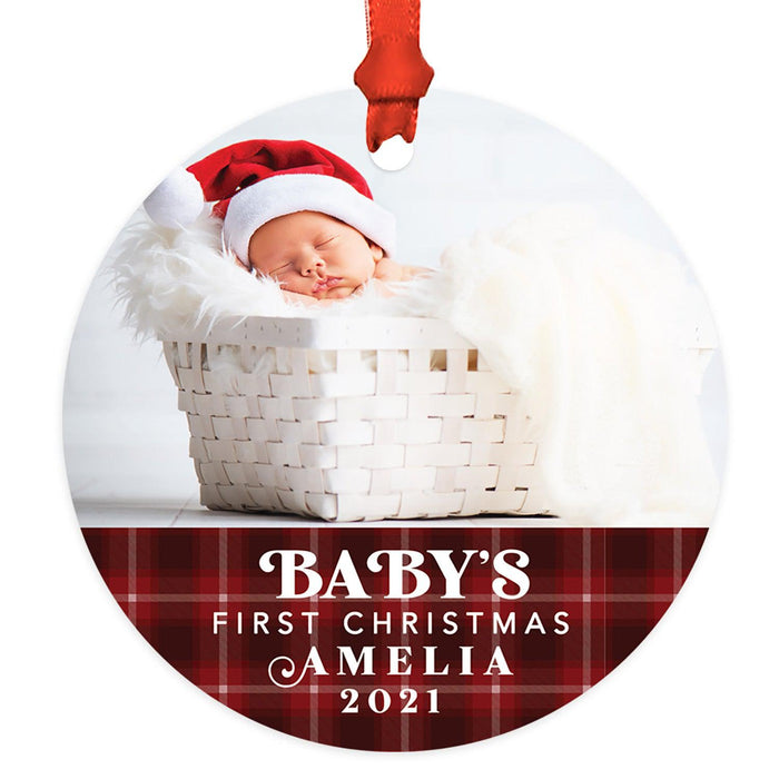 Custom Photo Baby's First Christmas Ornament 20XX Round Metal Christmas Tree Ornament, Newborn-Set of 1-Andaz Press-White Snowflakes-