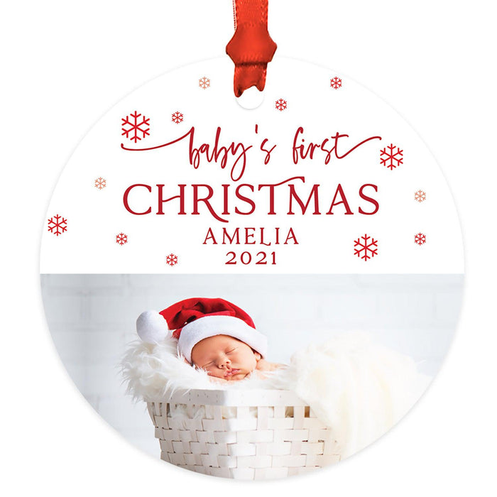 Custom Photo Baby's First Christmas Ornament 20XX Round Metal Christmas Tree Ornament, Newborn-Set of 1-Andaz Press-White Snowflakes-