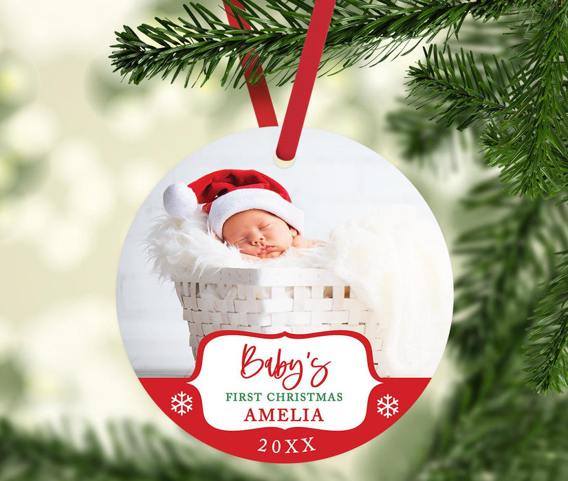 Custom Photo Baby's First Christmas Ornament 20XX Round Metal Christmas Tree Ornament, Newborn-Set of 1-Andaz Press-White Snowflakes-
