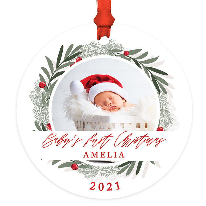 Custom Photo Baby's First Christmas Ornament 20XX Round Metal Christmas Tree Ornament, Newborn-Set of 1-Andaz Press-White Snowflakes-