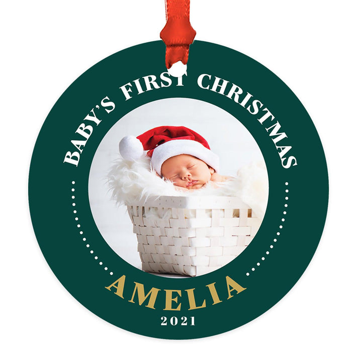 Custom Photo Baby's First Christmas Ornament 20XX Round Metal Christmas Tree Ornament, Newborn-Set of 1-Andaz Press-Christmas Green-