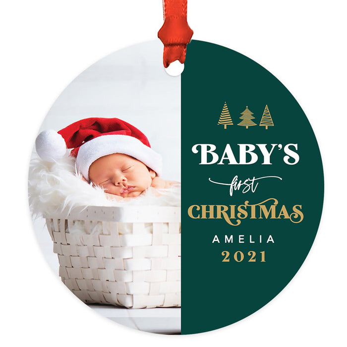 Custom Photo Baby's First Christmas Ornament 20XX Round Metal Christmas Tree Ornament, Newborn-Set of 1-Andaz Press-Christmas Trees-