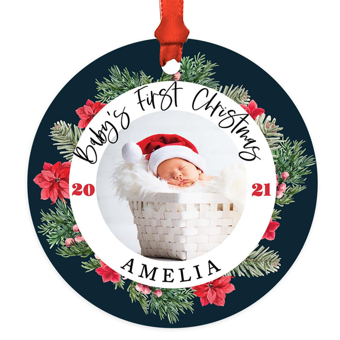 Custom Photo Baby's First Christmas Ornament 20XX Round Metal Christmas Tree Ornament, Newborn-Set of 1-Andaz Press-Poinsettia Wreath-