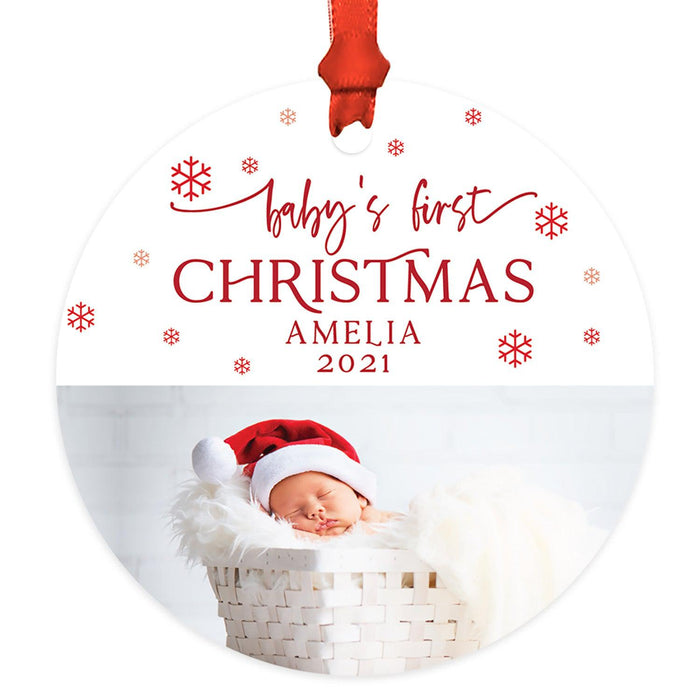 Custom Photo Baby's First Christmas Ornament 20XX Round Metal Christmas Tree Ornament, Newborn-Set of 1-Andaz Press-Red Snowflakes-