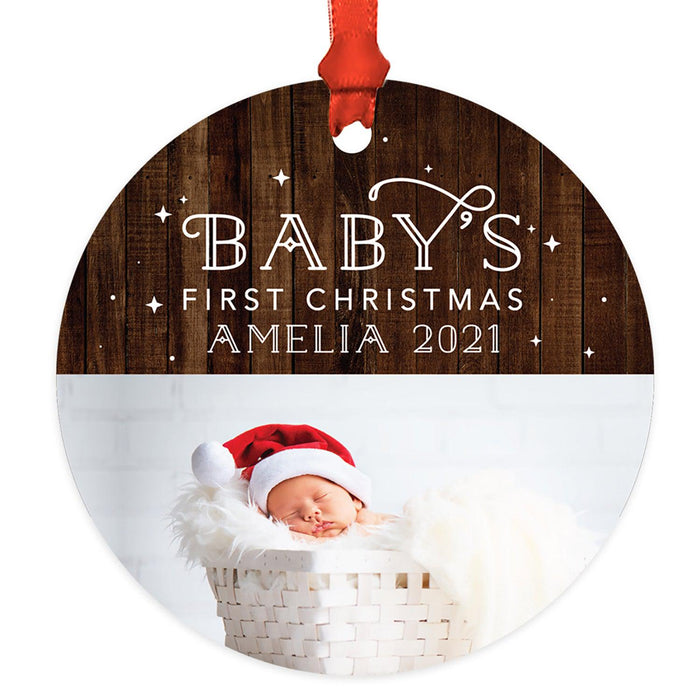 Custom Photo Baby's First Christmas Ornament 20XX Round Metal Christmas Tree Ornament, Newborn-Set of 1-Andaz Press-Rustic Wood & Stars-