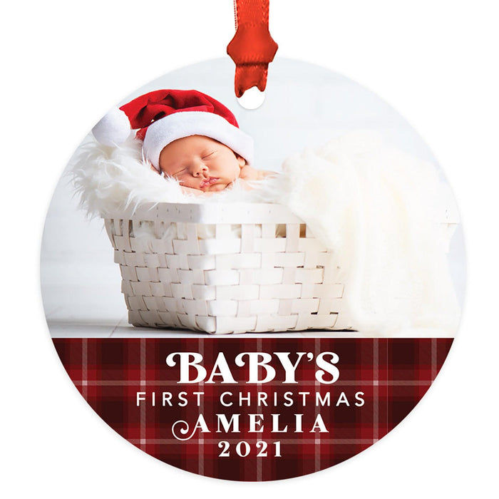 Custom Photo Baby's First Christmas Ornament 20XX Round Metal Christmas Tree Ornament, Newborn-Set of 1-Andaz Press-Tartan Plaid-