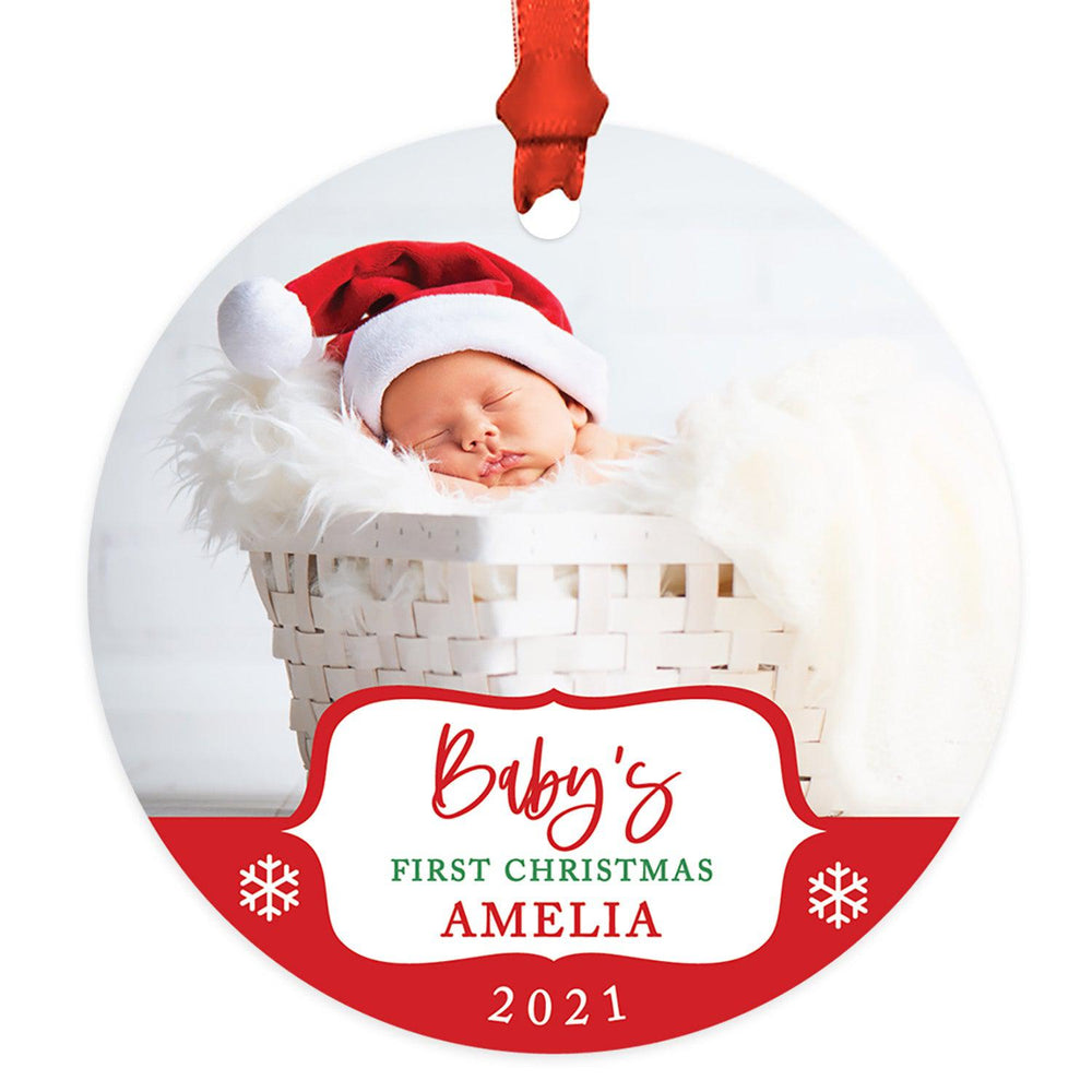 Custom Photo Baby's First Christmas Ornament 20XX Round Metal Christmas Tree Ornament, Newborn-Set of 1-Andaz Press-White Snowflakes-