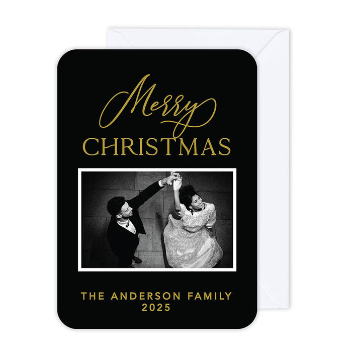 Custom Photo Christmas Cards with Envelopes, Holiday Photo Greeting Cards-Set of 24-Andaz Press-Black and Gold Merry Christmas-