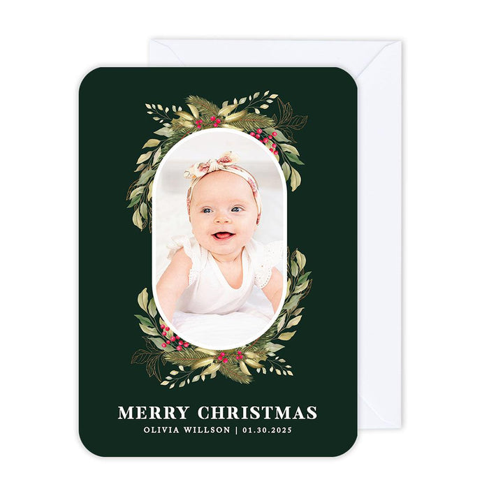 Custom Photo Christmas Cards with Envelopes, Holiday Photo Greeting Cards-Set of 24-Andaz Press-Greenery Wreath-