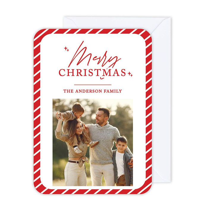 Custom Photo Christmas Cards with Envelopes, Holiday Photo Greeting Cards-Set of 24-Andaz Press-Merry Christmas Candy Cane Stripes-