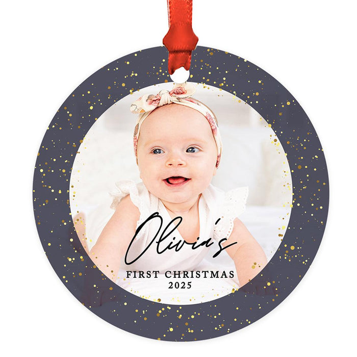 Custom Photo First Christmas Ornament 20xx, 3.5" Round Metal with Ribbon & Gift Bag – 11 Designs-Set of 1-Andaz Press-Greenery Pine Wreath-