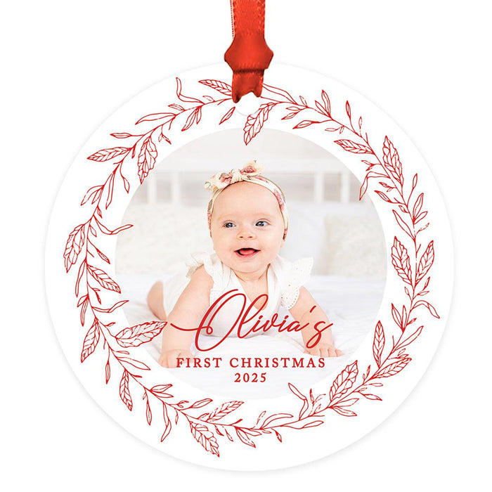 Custom Photo First Christmas Ornament 20xx, 3.5" Round Metal with Ribbon & Gift Bag – 11 Designs-Set of 1-Andaz Press-Greenery Pine Wreath-