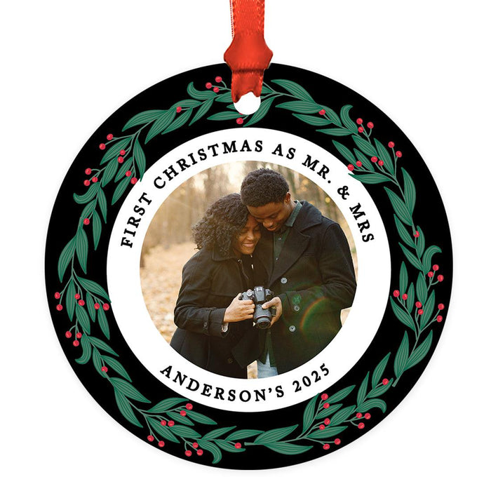 Custom Photo First Christmas Ornament 20xx, 3.5" Round Metal with Ribbon & Gift Bag – 11 Designs-Set of 1-Andaz Press-Greenery Pine Wreath-