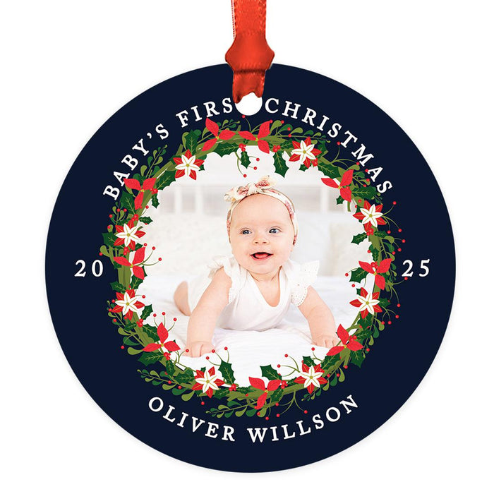 Custom Photo First Christmas Ornament 20xx, 3.5" Round Metal with Ribbon & Gift Bag – 11 Designs-Set of 1-Andaz Press-Greenery Pine Wreath-