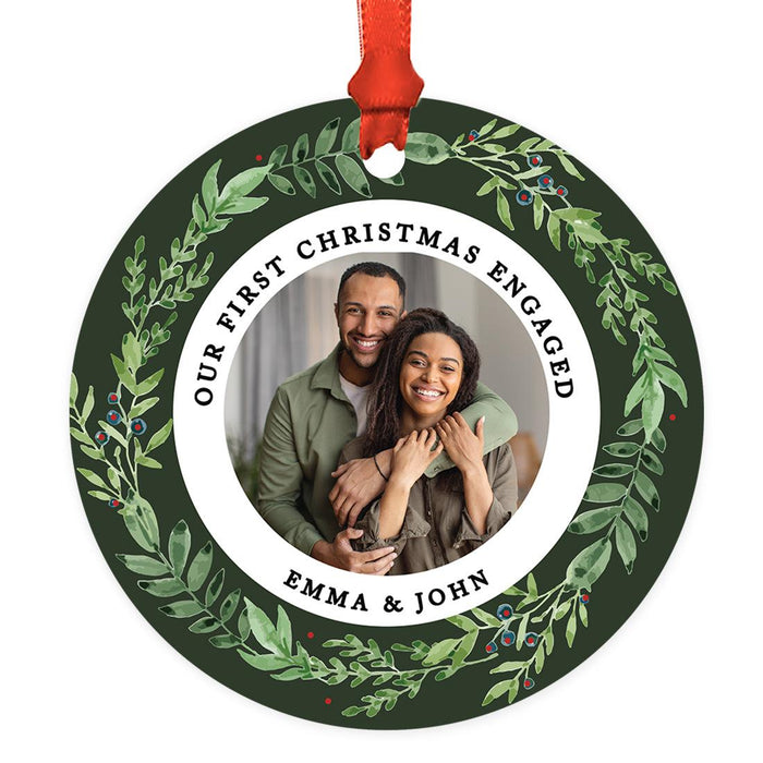 Custom Photo First Christmas Ornament 20xx, 3.5" Round Metal with Ribbon & Gift Bag – 11 Designs-Set of 1-Andaz Press-Greenery Pine Wreath-