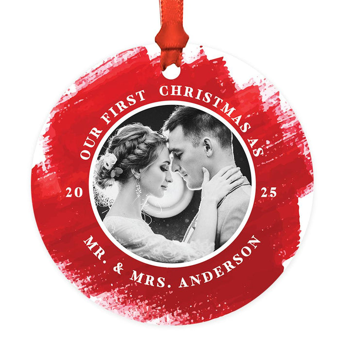 Custom Photo First Christmas Ornament 20xx, 3.5" Round Metal with Ribbon & Gift Bag – 11 Designs-Set of 1-Andaz Press-Greenery Pine Wreath-