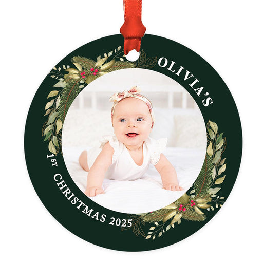Custom Photo First Christmas Ornament 20xx, 3.5" Round Metal with Ribbon & Gift Bag – 11 Designs-Set of 1-Andaz Press-Greenery Pine Wreath-