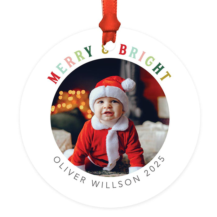 Custom Photo First Christmas Ornament 20xx, 3.5" Round Metal with Ribbon & Gift Bag – 11 Designs-Set of 1-Andaz Press-Merry & Bright-