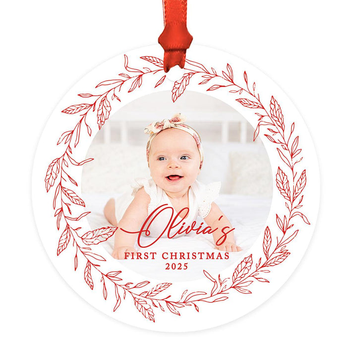 Custom Photo First Christmas Ornament 20xx, 3.5" Round Metal with Ribbon & Gift Bag – 11 Designs-Set of 1-Andaz Press-Red Wreath-