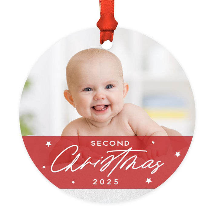 Custom Photo First Christmas Ornament 20xx, 3.5" Round Metal with Ribbon & Gift Bag – 11 Designs-Set of 1-Andaz Press-Stars Custom Photo-