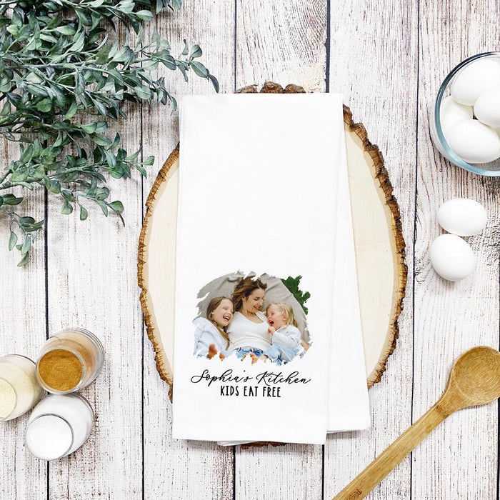 Custom Photo Flour Sack Tea Towels, Kitchen Gifts for Mom, Daughter, Couples, Set of 1-Set of 1-Andaz Press-Custom Photo Kids Eat Free-