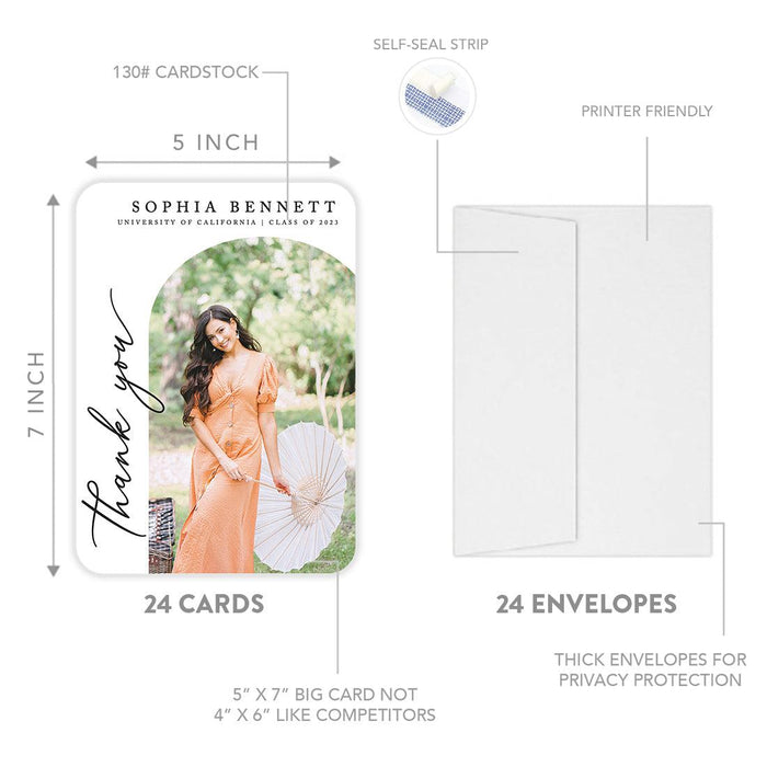 Custom Photo Graduation Thank You Cards with Envelopes, Graduate's Photo Cards for Keepsake Notes, Set of 24-Set of 24-Andaz Press-Boho Minimal-