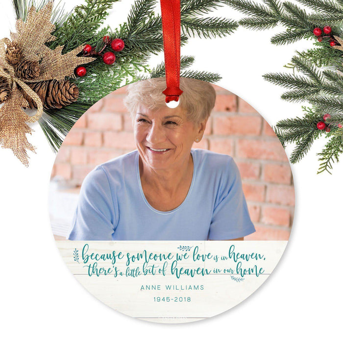 Custom Photo Memorial Round Metal Christmas Ornament, Because Someone We Love is in Heaven-Set of 1-Andaz Press-Heaven Home-
