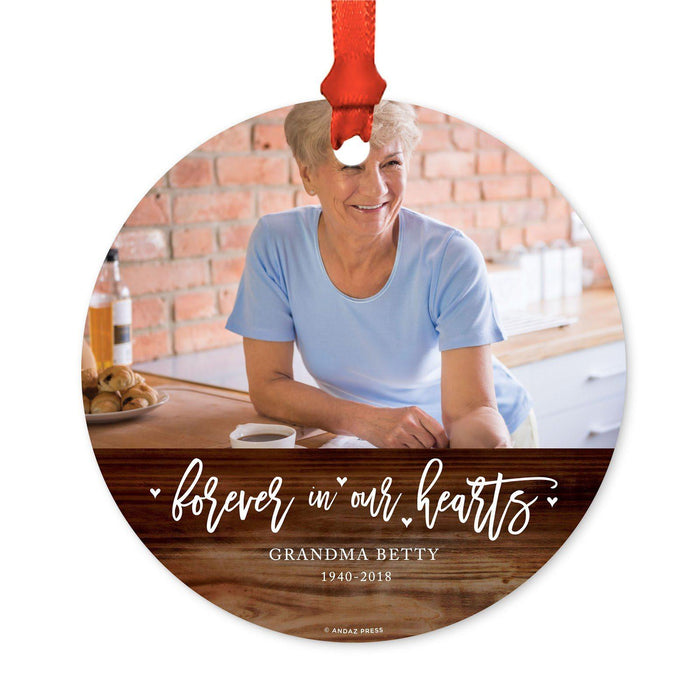 Custom Photo Memorial Round Metal Christmas Ornament, Because Someone We Love is in Heaven-Set of 1-Andaz Press-Heaven Home-