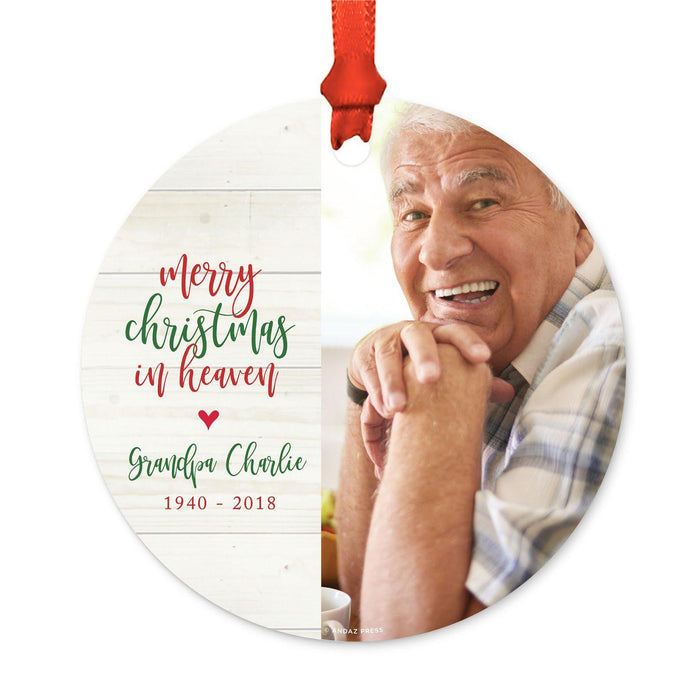 Custom Photo Memorial Round Metal Christmas Ornament, Because Someone We Love is in Heaven-Set of 1-Andaz Press-Grandpa Charlie-