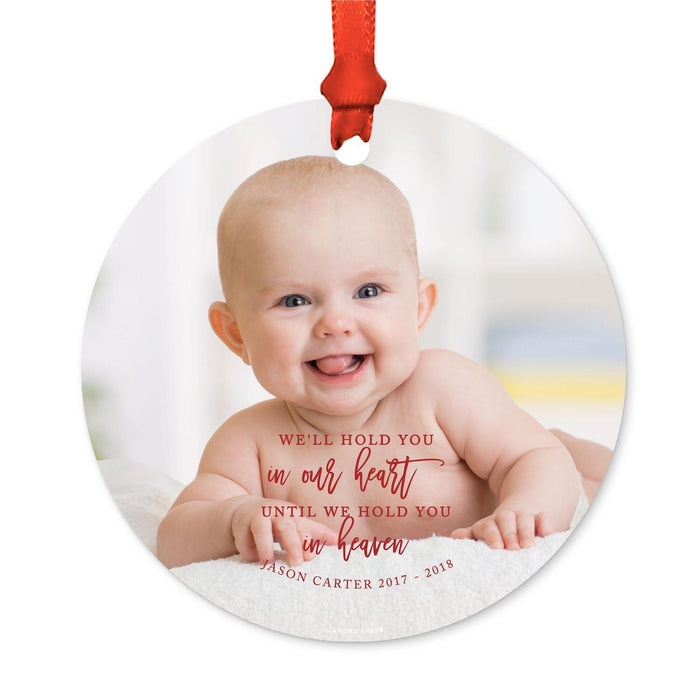 Custom Photo Memorial Round Metal Christmas Ornament, Because Someone We Love is in Heaven-Set of 1-Andaz Press-Heart Heaven-