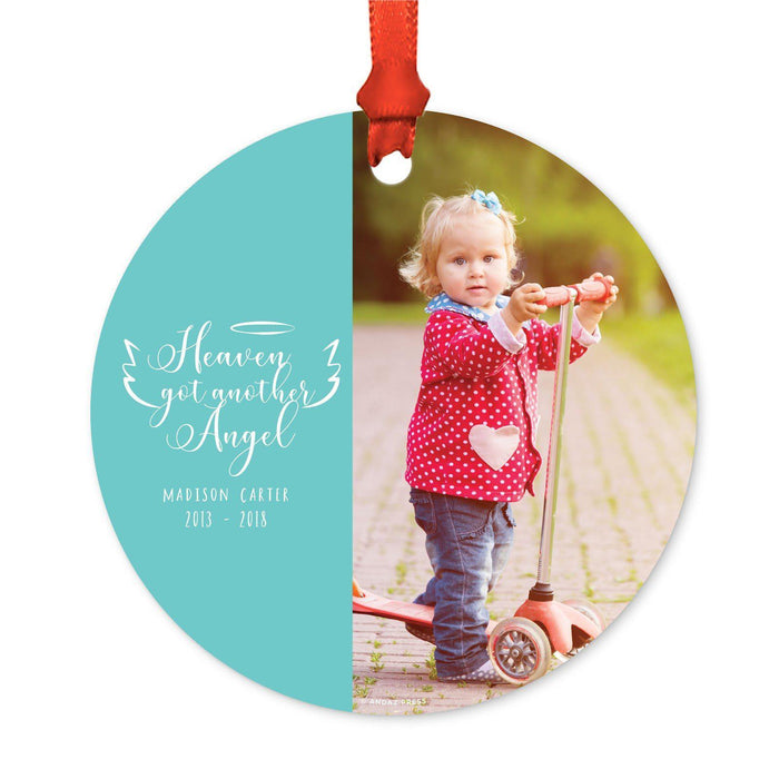 Custom Photo Memorial Round Metal Christmas Ornament, Because Someone We Love is in Heaven-Set of 1-Andaz Press-Heaven Angel-