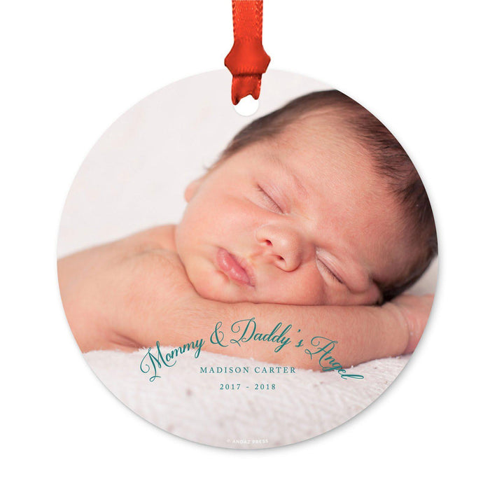 Custom Photo Memorial Round Metal Christmas Ornament, Because Someone We Love is in Heaven-Set of 1-Andaz Press-Mommy & Daddy's Angel-