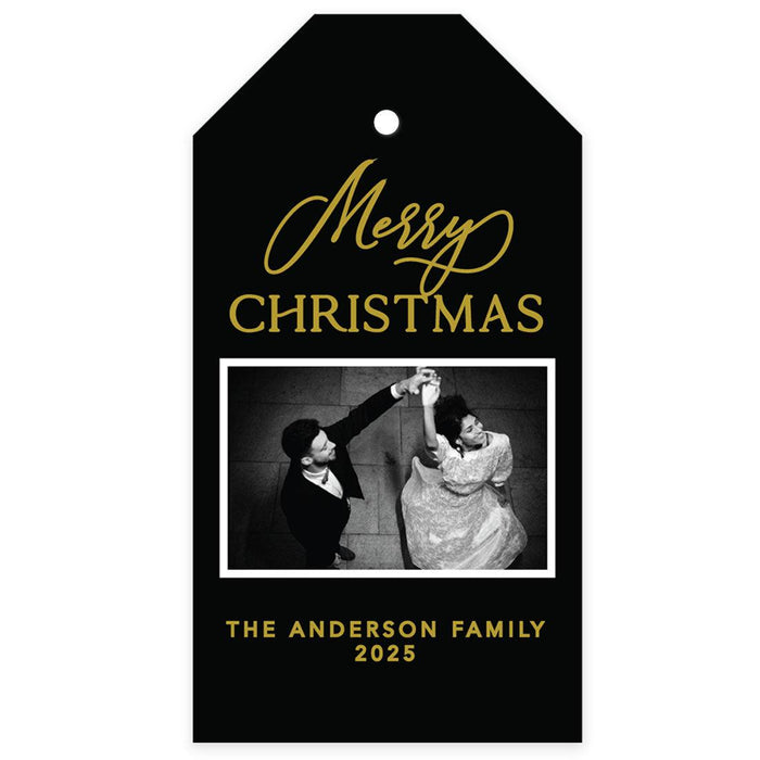 Custom Photo Merry Christmas Classic Tags with String, Cardstock Christmas Tags for Gifts-Set of 40-Andaz Press-Black & Gold Merry Christmas-