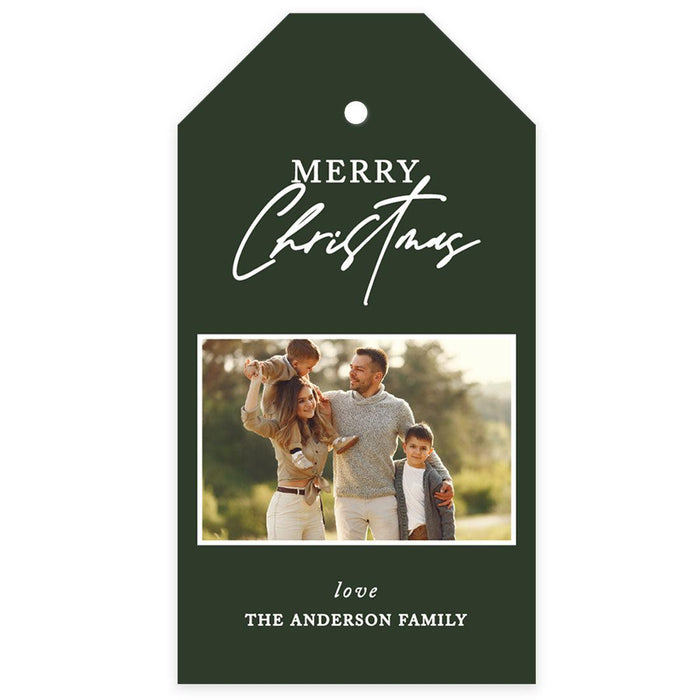 Custom Photo Merry Christmas Classic Tags with String, Cardstock Christmas Tags for Gifts-Set of 40-Andaz Press-Forest Green Merry Christmas-