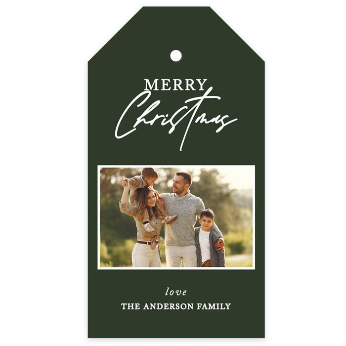 Custom Photo Merry Christmas Classic Tags with String, Cardstock Christmas Tags for Gifts-Set of 40-Andaz Press-Forest Green Merry Christmas-