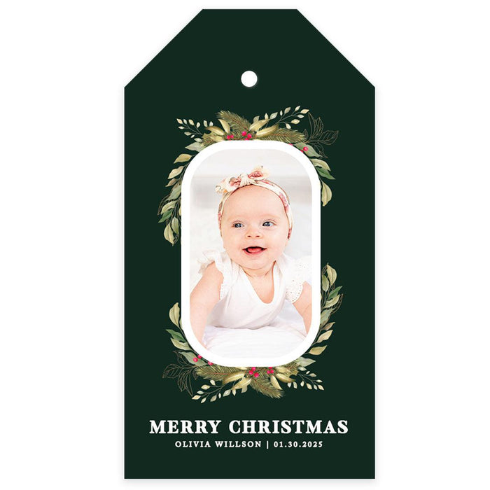 Custom Photo Merry Christmas Classic Tags with String, Cardstock Christmas Tags for Gifts-Set of 40-Andaz Press-Greenery Wreath-
