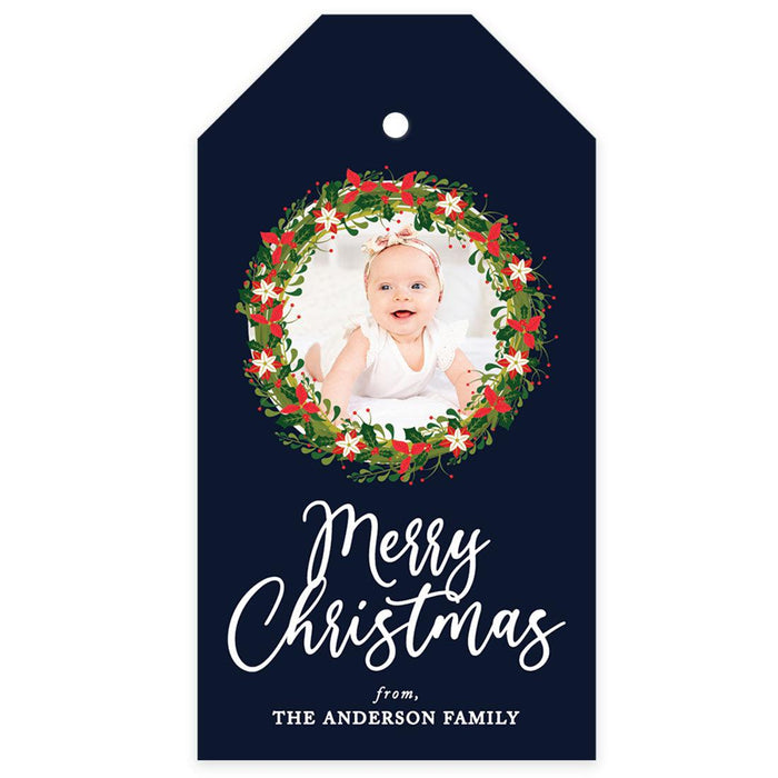 Custom Photo Merry Christmas Classic Tags with String, Cardstock Christmas Tags for Gifts-Set of 40-Andaz Press-Navy Blue Wreath-