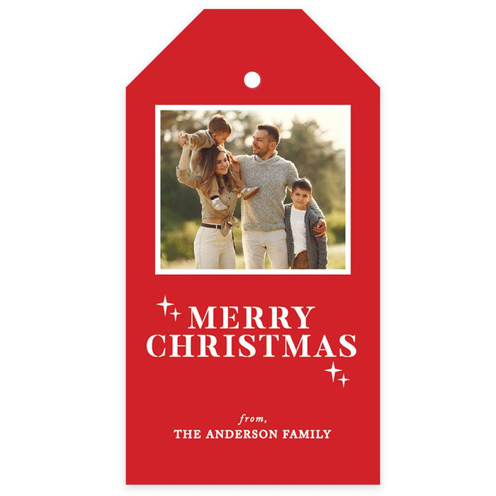 Custom Photo Merry Christmas Classic Tags with String, Cardstock Christmas Tags for Gifts-Set of 40-Andaz Press-Red Merry Christmas-
