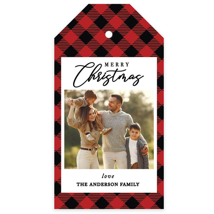 Custom Photo Merry Christmas Classic Tags with String, Cardstock Christmas Tags for Gifts-Set of 40-Andaz Press-Red Tartan Plaid-