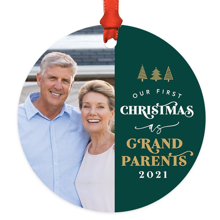 Custom Photo Metal Ornament Our First Christmas As Grandparents 20XX, Keepsake for New Grandma and Grandpa-Set of 1-Andaz Press-White Snowflakes-