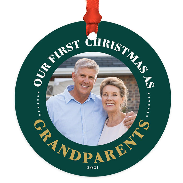 Custom Photo Metal Ornament Our First Christmas As Grandparents 20XX, Keepsake for New Grandma and Grandpa-Set of 1-Andaz Press-White Snowflakes-