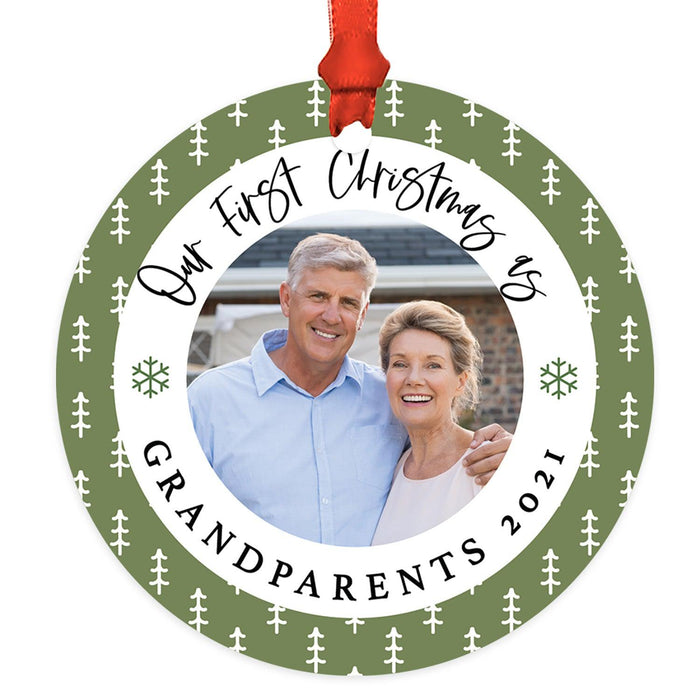 Custom Photo Metal Ornament Our First Christmas As Grandparents 20XX, Keepsake for New Grandma and Grandpa-Set of 1-Andaz Press-Green Snowflakes-